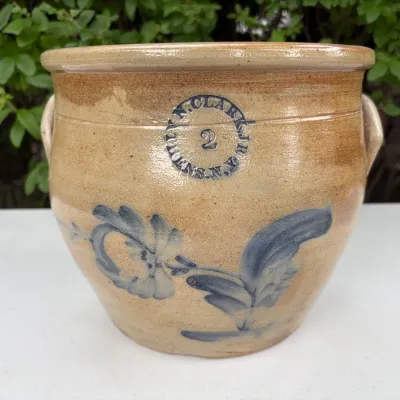STONEWARE CROCK WITH LUG HANDLES, #2 GALLON N. CLARK, JR, ATHENS NY, FLORAL COBALT PATTERN