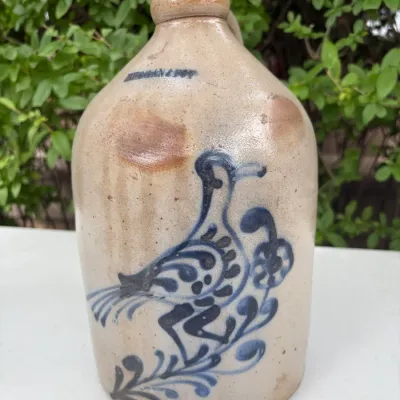 BERGAN FOY STONEWARE HANDLED JUG W/ BIRD COBALT PATTERN