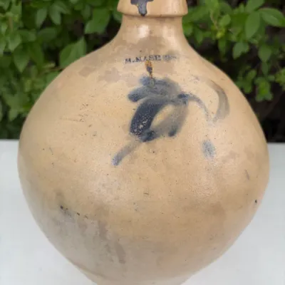 STONEWARE OVOID STONEWARE JUG H. NASH UTICA, NEW YORK FLORAL COBALT DECORATION