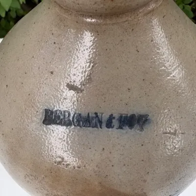 BERGAN FOY STONEWARE HANDLED JUG W/ BIRD COBALT PATTERN