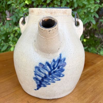 STONEWARE BATTER JUG W/LEAF COBALT/ WOOD & WIRE HANDLE