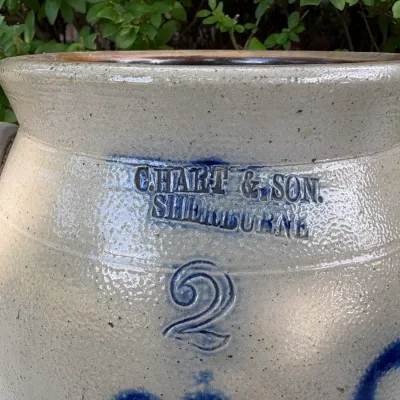 C.HART & SON SHERBURNE NEW YORK 2 GALLON CROCK W/ LUG HANDLES FLORAL DECOR COBALT