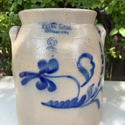 C.HART & SON SHERBURNE NEW YORK 2 GALLON CROCK W/ LUG HANDLES FLORAL DECOR COBALT