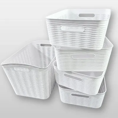 White Woven-Look Plastic Storage Baskets with Handle, Set of 6