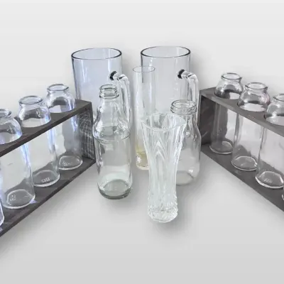 Clear Glass Bottle Vases with Wooden Holders, Beer Mugs and Cut Glass Bud Vase