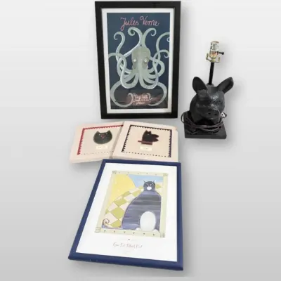 Jules Verne Octopus Poster, Heather Ramsey Cat Ar,t Pig Table Lamp Decor Collection