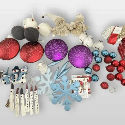 Christmas Tree Ornament, Collection Red Purple Swirl Baubles Knit Balls Snowmen