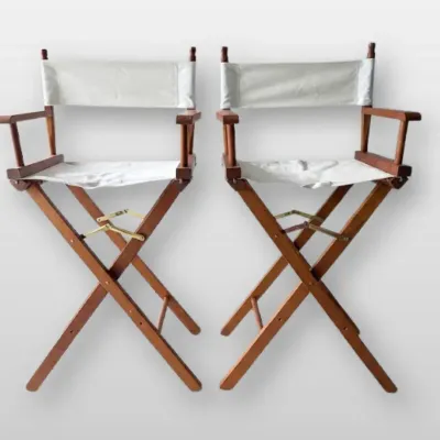 Wooden Director’s Chairs with White Cotton Canvas Seats, Folding Set of 2