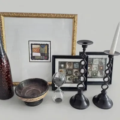 Campbell Abstract Framed Art Textured Ceramic Vase Pedestal Wooden Bowl Decor