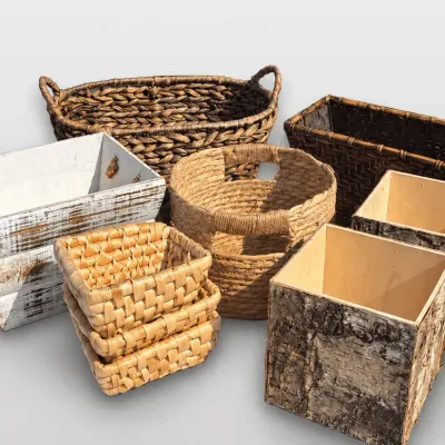 Creative Co-Op Wooden Bark Planters and Woven Storage Baskets