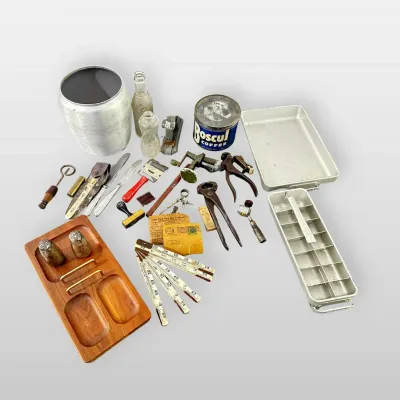 Boscul Coffee Tin, Quickube Ice Tray, Lufkin Folding Ruler Collectibles Assortment