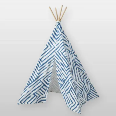 Blue and White Geometric Kids Teepee Play Tent with Wooden Poles