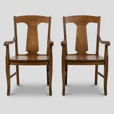 Wooden Armchairs with Curved Arms and Splat Backs, Pair