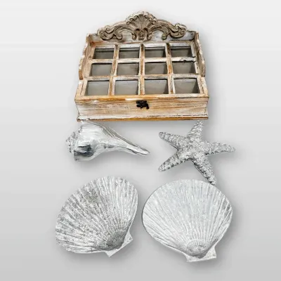 White Washed Wooden Glass Display Box, Silver Metal Sea Shel,l Starfish Decor