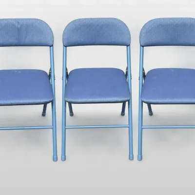 Blue Padded Metal Folding Chairs with Patterned Fabric Seats, Set of 4