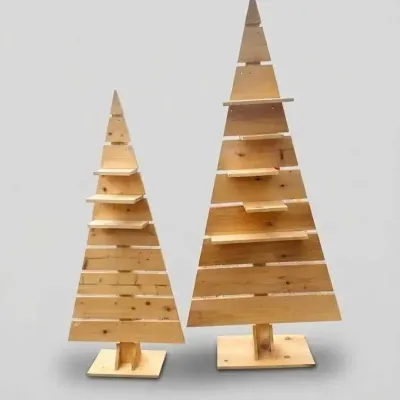 Rustic Wood Christmas Tree Display Stands with Shelves – Set of 2