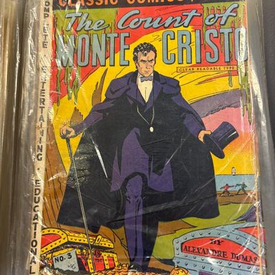 Classic Comics No. 3, "The Count of Monte Cristo" by Alexandre Dumas, preserved in a protective plastic sleeve.