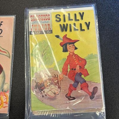 Classics Illustrated Junior comic book, No. 557, featuring "Silly Willy" in a protective plastic sleeve.