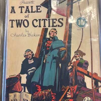 Classic Comics Library No. 6, "A Tale of Two Cities" by Charles Dickens, 10-cent cover price, showing some age-related wear and...