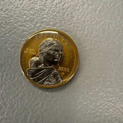 A 2000-P Sacagawea golden dollar coin in uncirculated condition, featuring the iconic portrait of Sacagawea carrying her infant son, Jean...