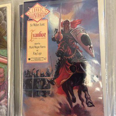Classics Illustrated "Ivanhoe" comic book, adapted by Mark Wayne Harris and Ray Lago, preserved in a protective plastic sleeve.