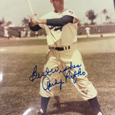 Autographed color photograph of Brooklyn Dodgers baseball player Andy Pafko in a batting stance, signed "Best wishes Andy...