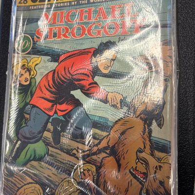Classic Comics No. 28, Michael Strogoff, in a protective plastic sleeve showing some wear on the cover.