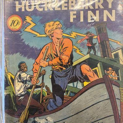 Classic Comics No. 19, Huckleberry Finn by Mark Twain, 10-cent cover price, showing some wear and preserved in a protective plastic sleeve.