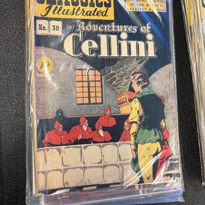 Classics Illustrated No. 38 comic book, "Adventures of Cellini," preserved in a protective plastic sleeve.