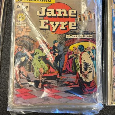 Classics Illustrated No. 39 comic book featuring Jane Eyre by Charlotte Brontë, preserved in a protective plastic sleeve.
