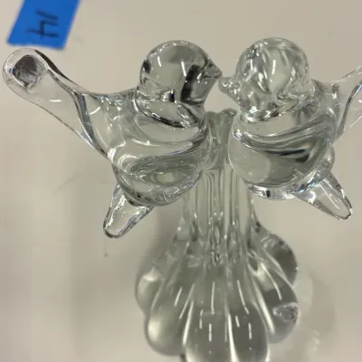 Vintage clear art glass figurine featuring two lovebirds perched on a pedestal base.