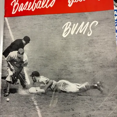 Vintage copy of "Baseball's Beloved Bums" by Joe Hasel, featuring a black and white cover photo of a Brooklyn Dodgers play...