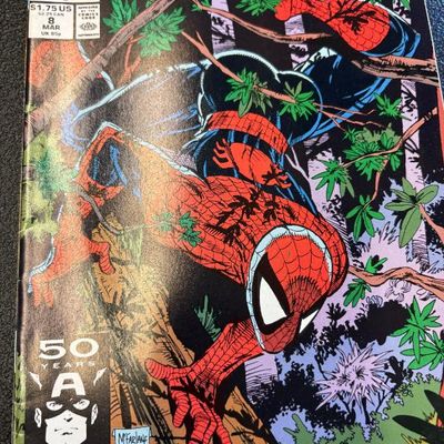 Marvel Comics Spider-Man #8, March 1991, featuring cover art by Todd McFarlane and a Captain America 50th anniversary corner box.