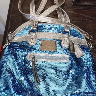 Sale Photo Thumbnail #521: Used - Vintage Coach 
Blue Poppy Sequin Purse
Signs of normal wear. 
See Photos.