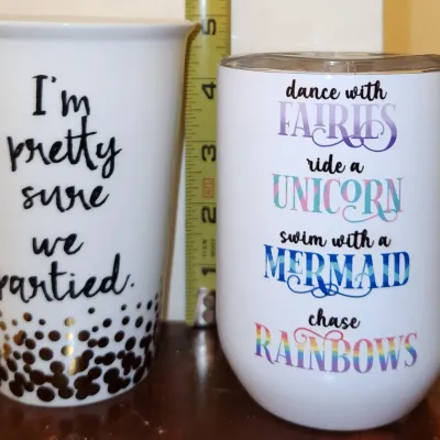 Sale Photo Thumbnail #518: Unused. Excellent Condition.
I'm Pretty Sure We Partied Mug
Abt. 5" H × 3" W, By Natural Life
Dance With Fairies, Ride A Unicorn, Swim With A Mermaid, & Chase Rainbows Wine Tumbler W/Lid
Abt. 4 1/2" H x 3" W