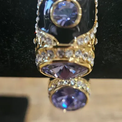 REAL COLLECTIBLES BY ADRIENNE GOLD TONE CZ & BLACK RESIN HINGE with Purple Stones and Crystal Paves Bracelet