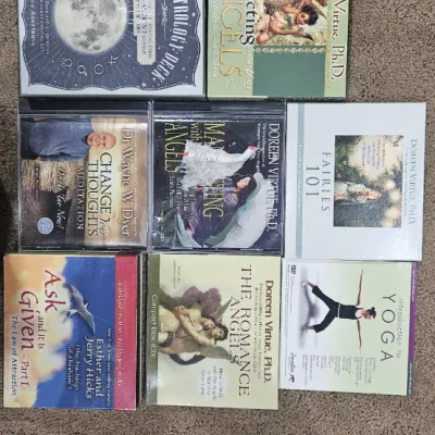 Sale Photo Thumbnail #442: Change your thoughts CD with Wayne Dyer, Ask it is Given- 4CD set, Manifesting with Angels CD, Fairvies 101 CD, Connecting with Angels- 6 CD set, The Romance Angels CD and Astrology Cards by Jeffrey Armstrong