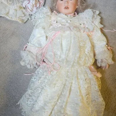 Sale Photo Thumbnail #86: Victorian Porcelain Doll 26 inches. Comes with hat to match the dress.