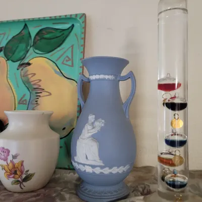 Sale Photo Thumbnail #27: More Wedgewood Jasperware, Galileo thermometer, and pears