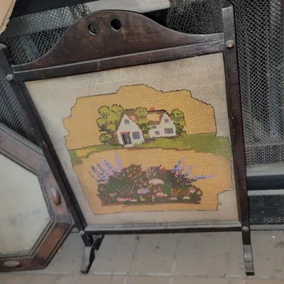 Sale Photo Thumbnail #12: Ca. 1920-1940 oak fire screen-hand stitched