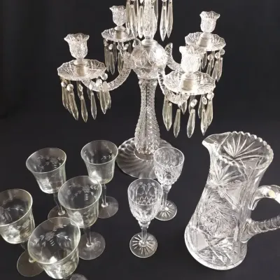 CLEAR GLASS CANDELABRA AND PRESSED GLASSWARE