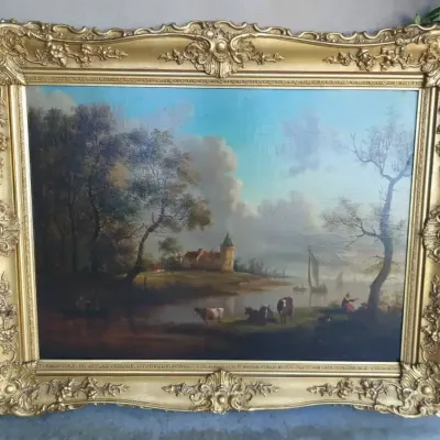 PASTORAL OIL PAINTING IN LARGE GILDED FRAME