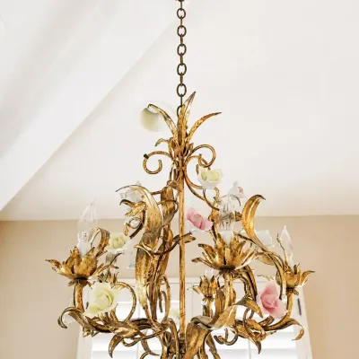 GILT METAL AND PORCELAIN CHANDELIER 