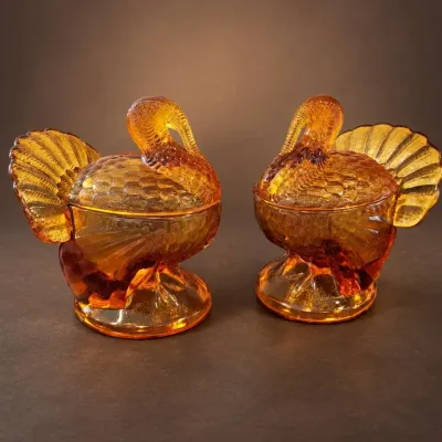 TAPER HOLDERS BY WILLIAM SONOMA AND AMBER-COLOR GLASS TURKEYS