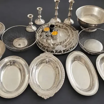 SILVER PLATED DISHES WITH WEIGHTED STERLING SILVER CANDLE STICK HOLDERS