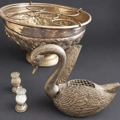 LARGE WINE COOLER, SWAN CENTERPIECE, AND WEIGHTED STERLING SILVER SHAKERS