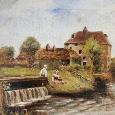 PAINTING OF 19TH CENTURY VILLAGE SCENE SIGNED BY ARTIST B. SHART