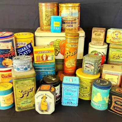 VINTAGE PRODUCT TINS AND CANISTERS - LOT OF 32