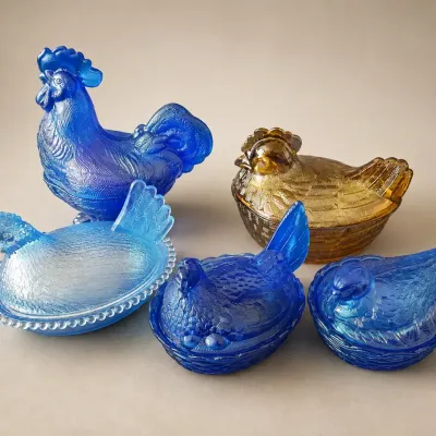 NESTING CHICKENS IN CORNFLOWER, AMBER, AND COBALT 