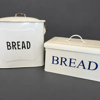VINTAGE ENAMEL BREAD BOX AND MODERN BREAD BOX